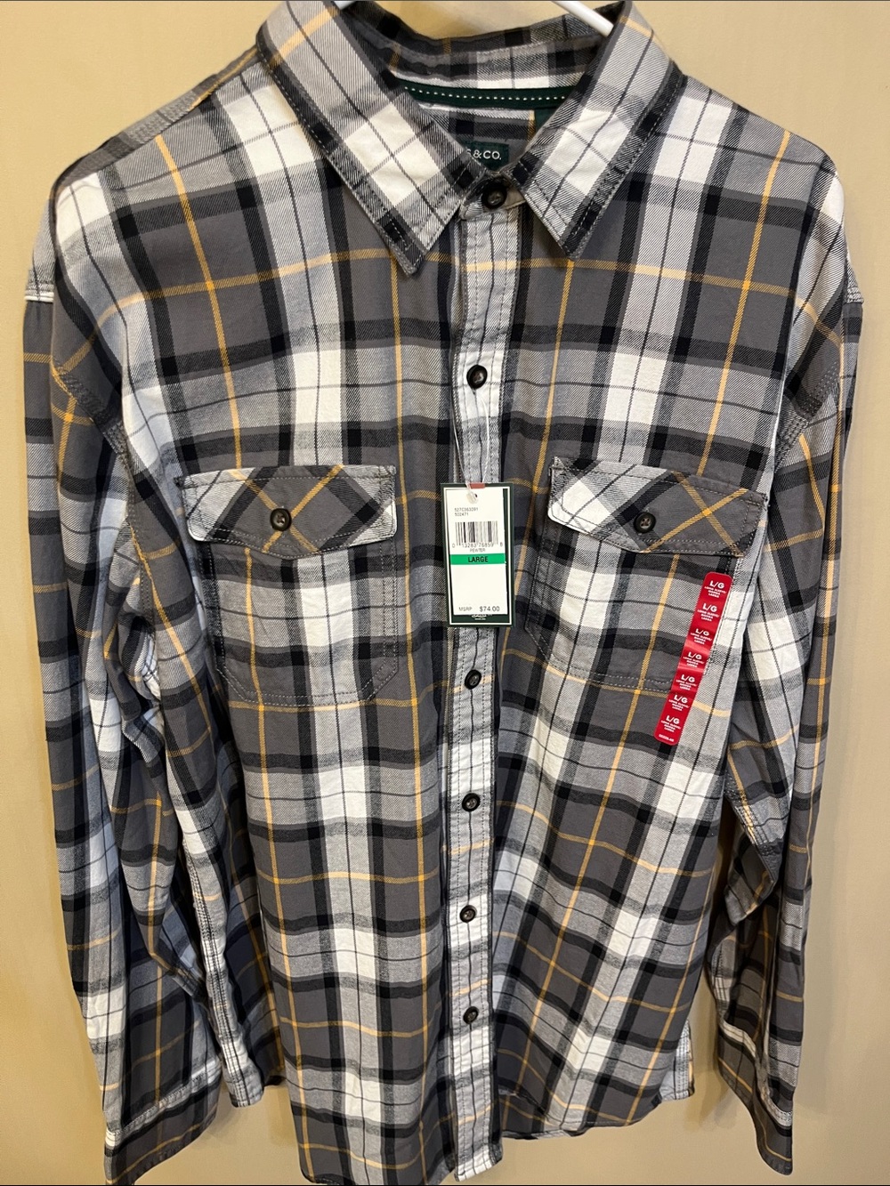 G. H. Bass & Co. Men's Gray Plaid Button-Up Shirt with Yellow Accents -Large
